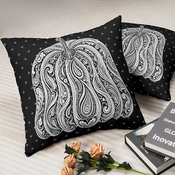 Black Pumpkin Pillow Covers Autumn Thanksgiving Throw Pillow Covers 20x20 Set of 2 Abstract Fall Pillow Cases Paisley Flower Cushion Cases for Home Farmhouse Sofa Couch