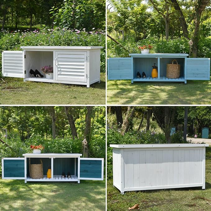 Double Door Outdoor Deck Boxes, Solid Wood+Metal Patio Storage Box, Garden Box with Plastic Foot for Balcony, Patio