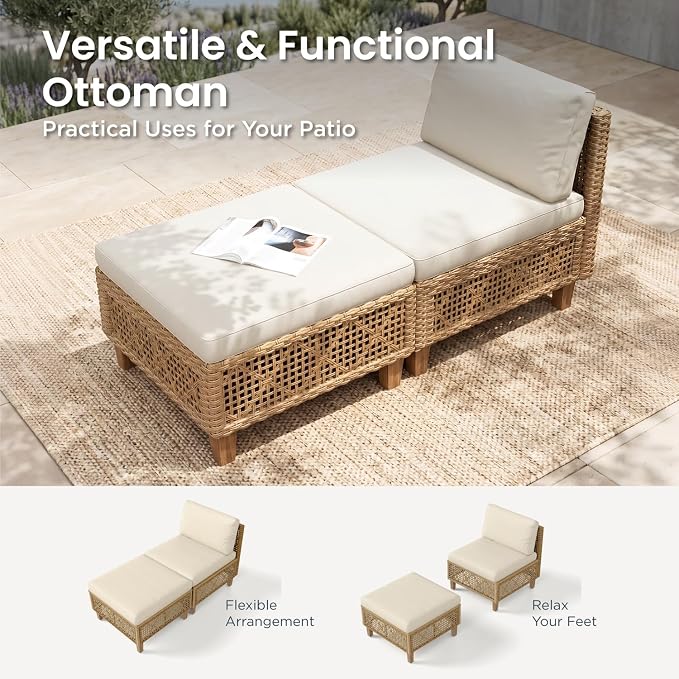 PHI VILLA Wicker Patio Furniture Set, Rattan Patio Sectional Sofa Outdoor Couch Set with Acacia Wood Coffee Table, 7 Pieces U-Shaped Patio Conversation Set for Backyard Porch, Beige Cushion