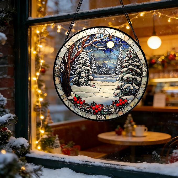 DASTOLL Stained Glass Window Hanging Christmas Tree Winter Snow Night Scenery 6.3" - Suncatcher Door Garden Kitchen Sun Catcher Home Decor Birthday for Mom Men Woman Friend