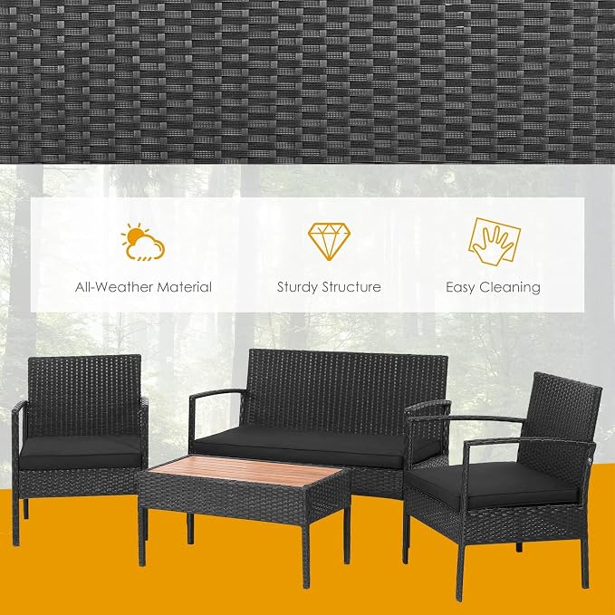 Tangkula 4 Piece Patio Rattan Conversation Set, Outdoor Wicker Sofa Furniture with Loveseat & 2 Single Chairs, Acacia Wood Tabletop, Outside Sectional for Poolside, Deck, Garden (1, Black)