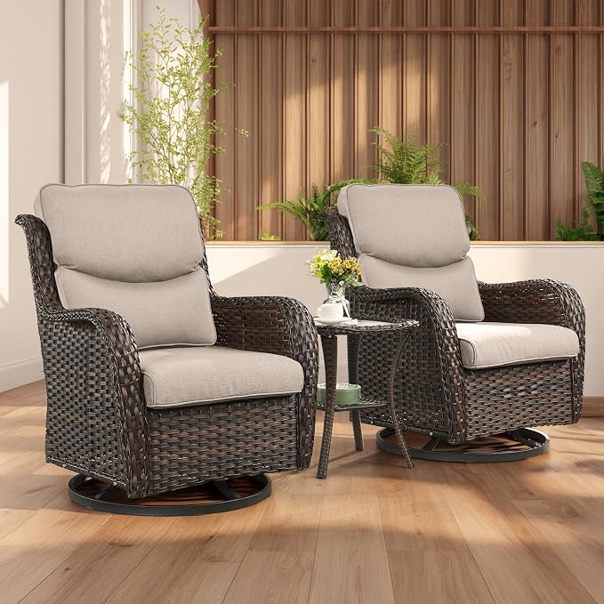Rilyson Wicker Rocking Chair Swivel Chairs - 3 Piece Rocker Patio Furniture Set Rattan Rocking Bistro Sets with Glass Top Side Table for Outdoor Porch Deck Garden Backyard (Brown/Beige/Smile)