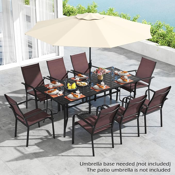 Tangkula 9 Pieces Patio Dining Set for 8, Outdoor Rectangular Table and Stackable Chairs with Umbrella Hole, Outside Furniture Set for Backyard, Garden and Deck (Brown)