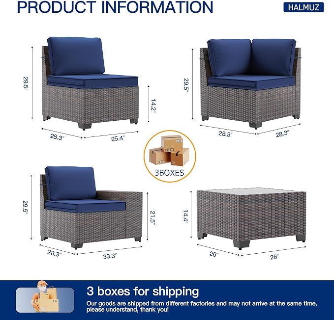 6 Pieces Patio Furniture Sets with Glass Tea Table,PE Rattan Wicker Patio Conversation Set with Washable Cushions,Outdoor Patio Sectional Furniture Set for Backyard, Poolside, Garden,Navy
