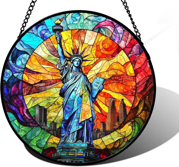 DASTOLL Stained Glass Window Hanging, Statue of Liberty Sun Catchers Diamond Glass Panel Hangings Suncatcher Decor for Birthday for Women, Men, Wife, Aunt, and Mom 15x15 in