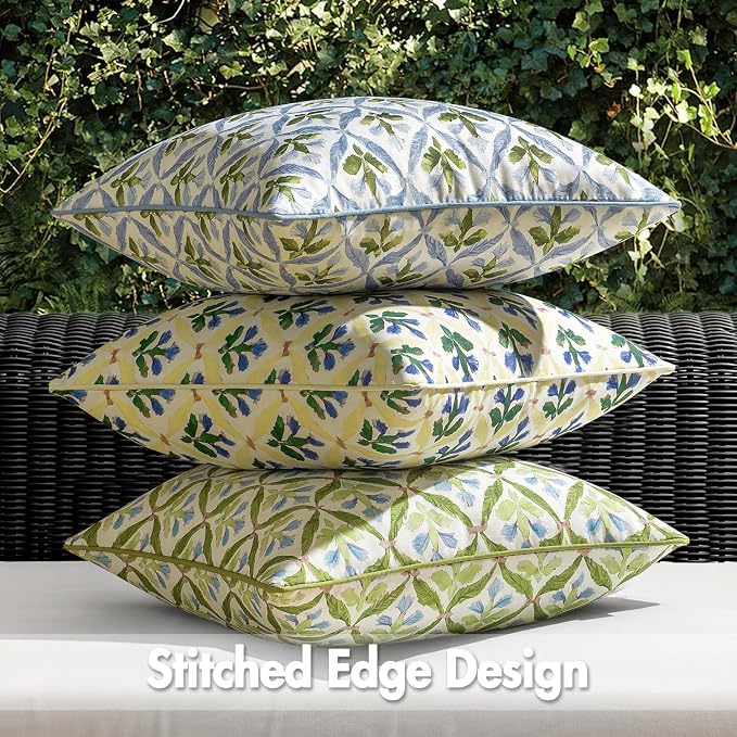 MIULEE Outdoor Floral Pillow Covers Waterproof 20x20 Blue-Green | Decorative Block Print,Boho Farmhouse, Set of 2 Coastal Summer Cushion Covers with Piping,Garden Patio Furniture Porch Couch