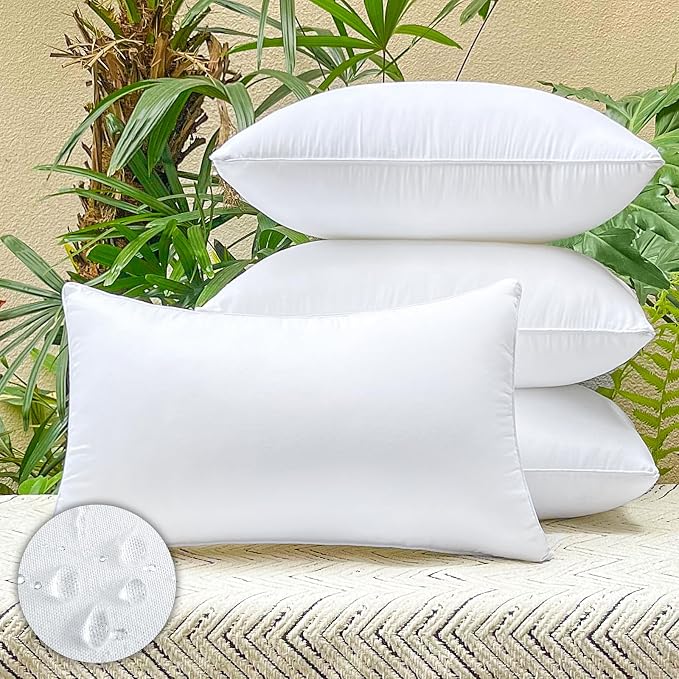 12x20 Waterproof Outdoor Lumbar Pillow Inserts, 4 Pack | Hypoallergenic & machine washable. Soft yet supportive, stays plump. Waterproof protection for patio, sofa, bed, garden.