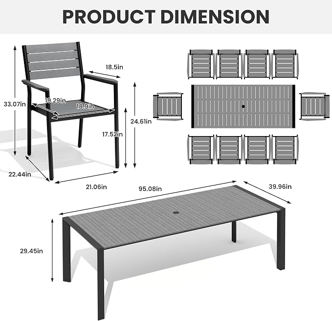 11-Piece Outdoor Dining Set, 95" Patio Table and Stackable Armchairs | Aluminum Frame Adjustable Umbrella Hole & All-Weather Wood Grain Tabletop for Garden, Patio, Backyard (Grey)