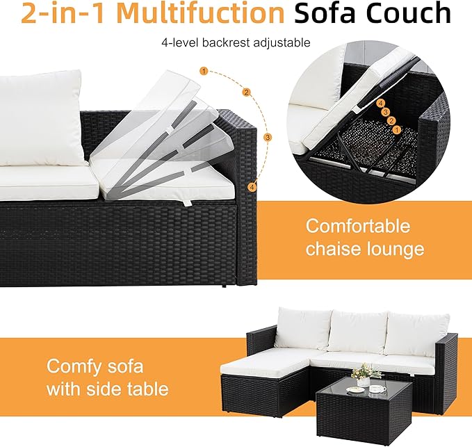 Shintenchi 4 Pieces Patio Furniture Set, 2-in-1 Convertible Sectional Sofa & Chaise Lounge, All-Weather Wicker Rattan Sofa Couch with Cushions & Coffee Table for Yard, Garden, Porch, Poolside (Beige)