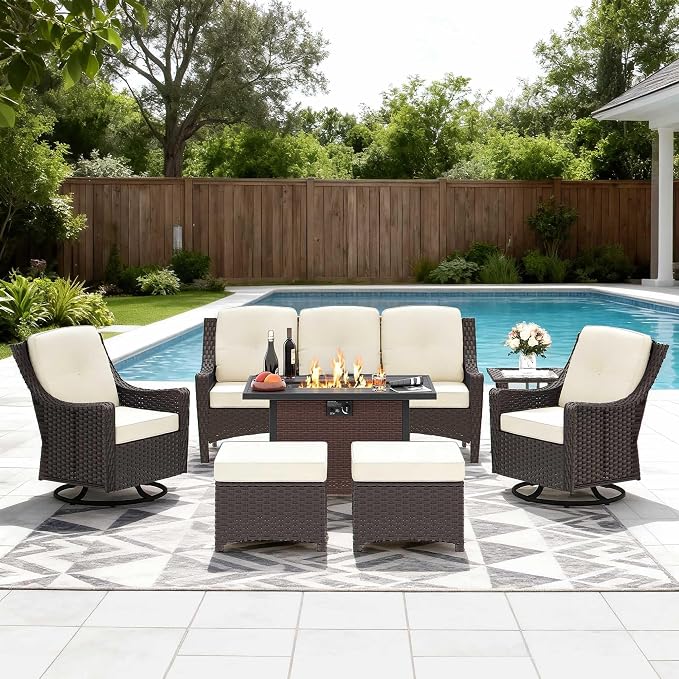 7-Piece Patio Furniture Set Includes Fire PitTable Outdoor Fumiture Combination Rattan Swivel ChairRattan Sofa with Coffee Table Suitable for Gardens,Patios,and Poolside (Beige)