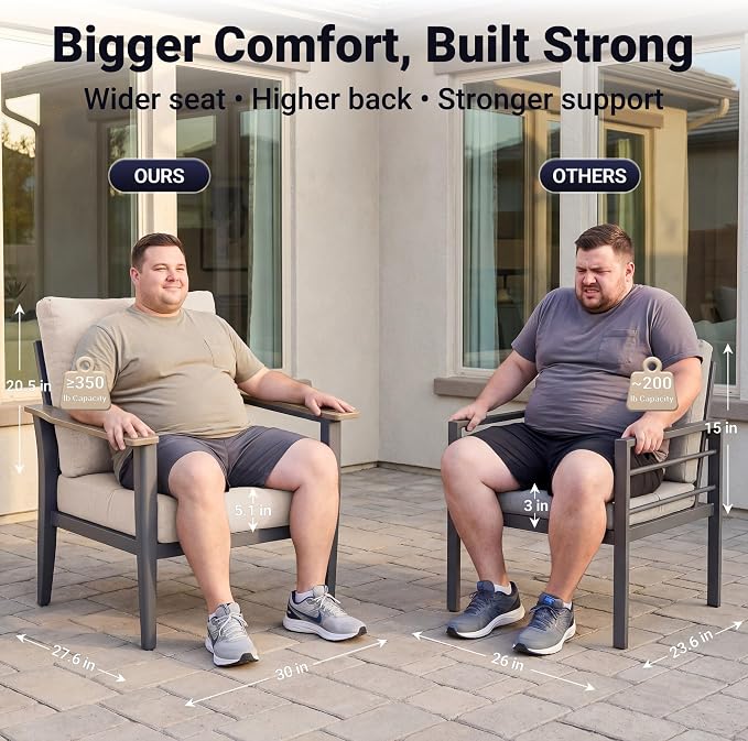 Aluminum Patio Chairs Set of 2, Modern Outdoor Armchairs with Wood-Like Armrests & 5.1" Thick Cushions, Wide Seat Balcony Furniture for Porch, Deck, Khaki