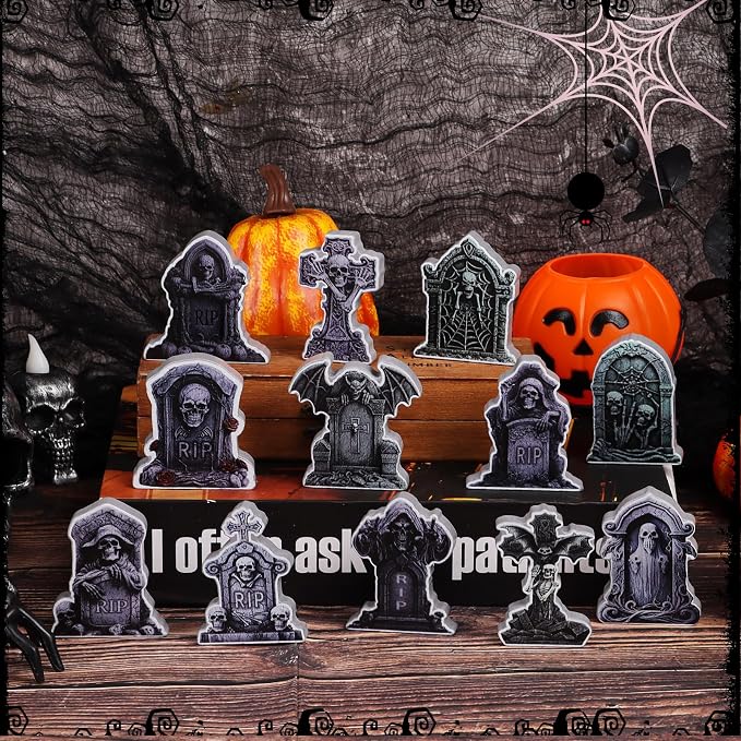 DIYASY 12 Pcs Halloween Miniature Tombstones Figurines, Mini Resin Graveyard Gravestone Tiny Village Headstones Accessories for Graves DIY Crafts Outdoor Home Fairy Garden Dollhouse Decor