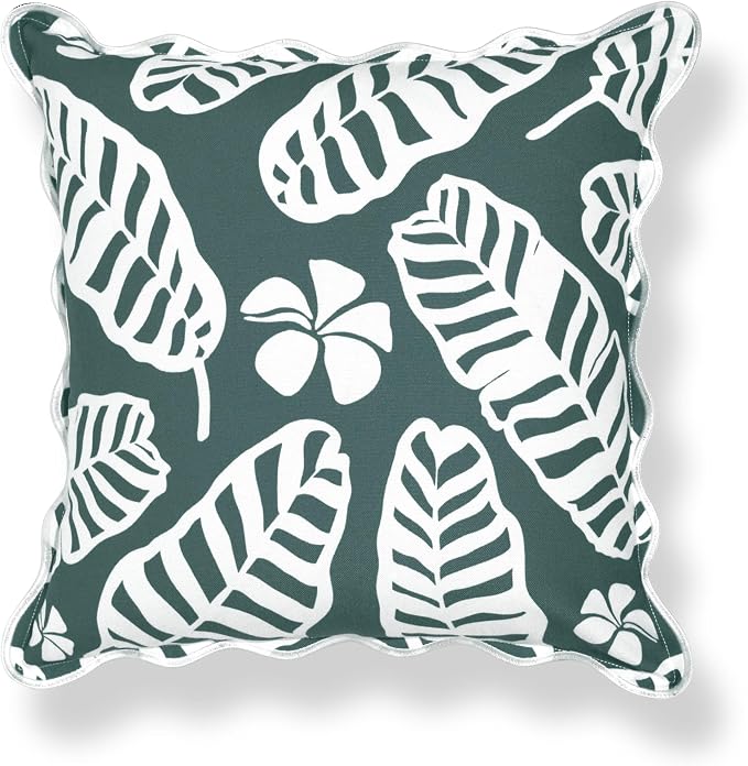 Hofdeco Premium Coastal Hampton Patio Indoor Outdoor Throw Pillow Cover Only, 20"x20" Water Repellent for Backyard, Couch, Poolside, Forest Green Print Palm Leaves and Hisbucs Flowers