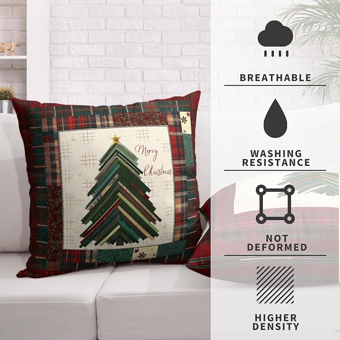 Merry Christmas Pillow Covers 18x18 Set of 2 Red Classic Checkered Green Xmas Tree Throw Pillow Covers Holiday Pillowcase Double Sided Printing Cushion Case for Couch Sofa