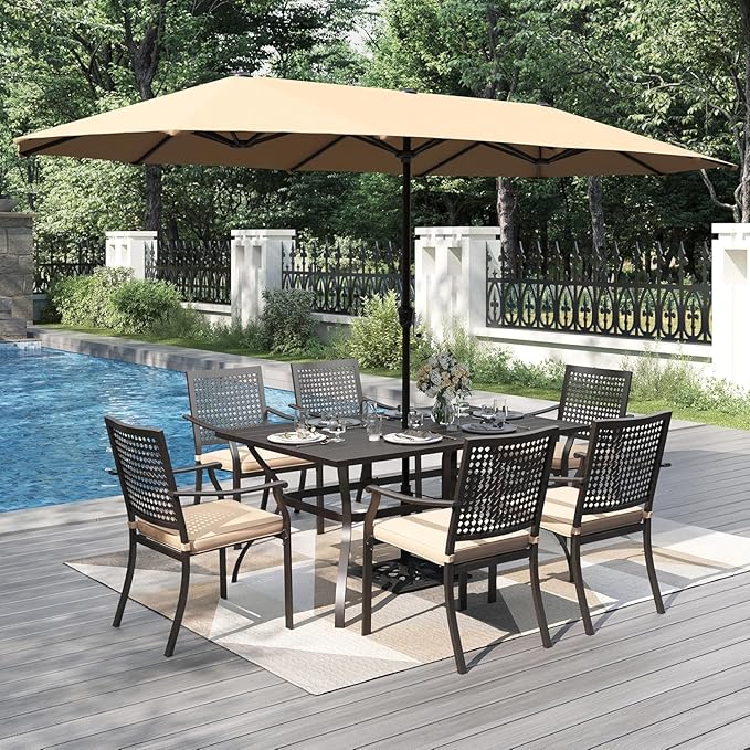 PHI VILLA Outdoor Table Chairs Set w/Umbrella, Patio Metal Furniture for 6 | 60" wrought iron rectangle table & stackable chairs w/ cushions. 13ft beige umbrella. 7 pcs furniture set for deck, porch