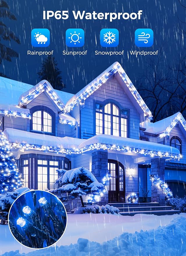 Minetom Solar Christmas Lights Outdoor Waterproof, 2Pack Total 80FT 200 LED | Solar Christmas Outdoor Decoration with 8 Modes, Solar String Lights for Outside House Tree Yard Garden, Blue & Pure White