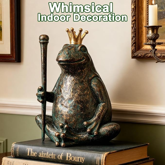 Frog Garden Statue, Yard Decorations Outdoor Decor, Weather-Resistant Animal Figurines & Sculptures, Seated Prince Frog with Scepter for Patio & Lawn, 11.5" H×9.8" L