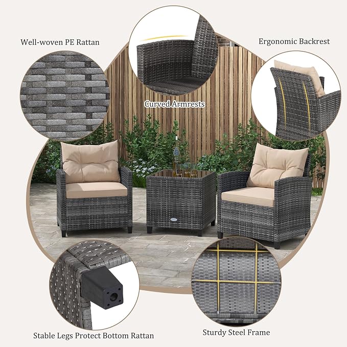 RELAX4LIFE 3 Piece Patio Furniture Set, Wicker Bistro Conversation Set w/2 Cushioned Armchairs & Glass Topped Table, Outdoor Rattan Sofa Set Patio Furniture for Porch Balcony Poolside (Grey-Beige)