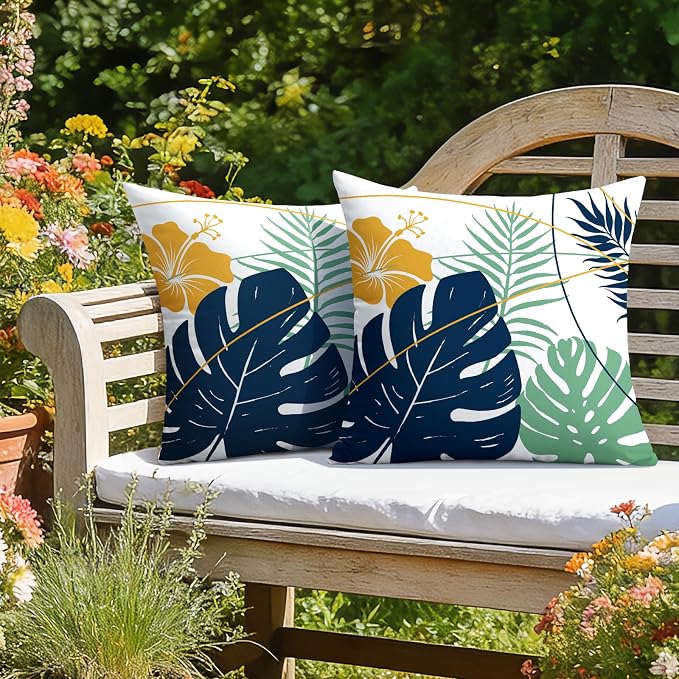 OTOSTAR Outdoor Waterproof Throw Pillow Covers 20x20 Inch Set of 2 Double-Sided Dark Blue Yellow Tropical Leaf and Flower Spring Summer Decorative Pillow Cases for Patio Funiture Garden Balcony Couch