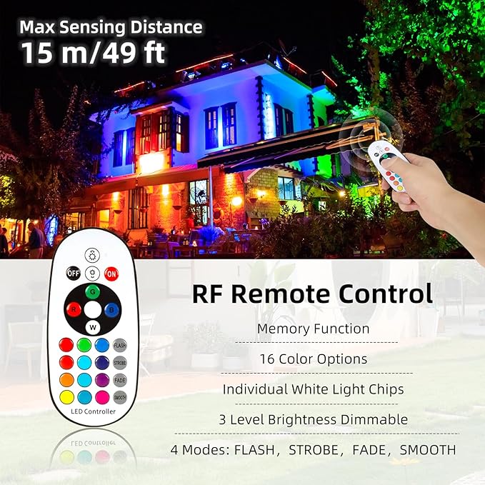 RGBW Spot Lights Outdoor, 12W Color Changing Landscape Lighting, IP65 Waterproof Outdoor Spotlight with 120V Plug in & Remote for House Garden Path Tree Patio Lawn Decoration （4 Pack