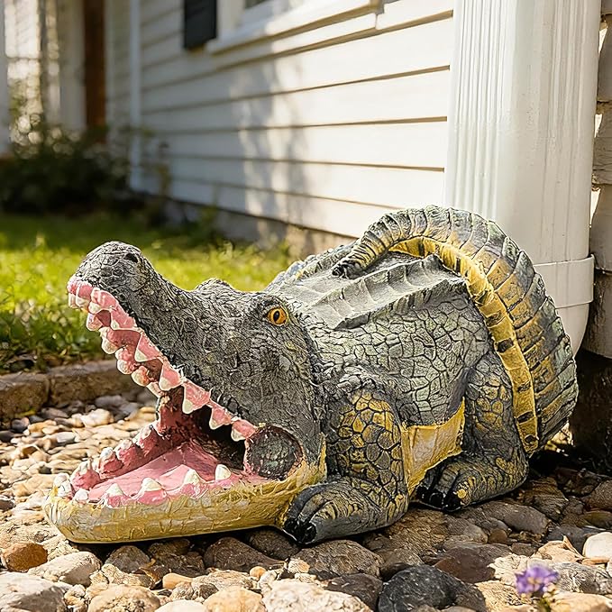 Teaeeno Alligator Decor Statue Gutter Downspout Extension Decorative,Crocodile Gutter Animal Statue Outdoor Decor,3"×4" Rain Gutter Downspout Splash Block,Garden Splash Block Outdoor Sculpture (Green)