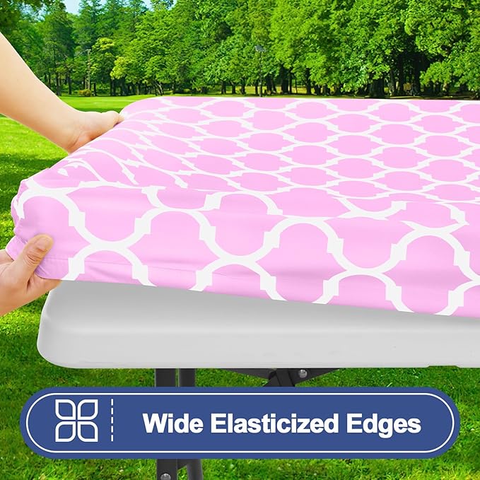 Smiry Picnic Table Cover with Bench Covers, Waterproof Elastic Fitted Tablecloth for 6 Foot Tables, Washable Polyester Tablecloths for Camping, Indoor & Outdoor (Pink, 30x72 Inch 3-pc Set)