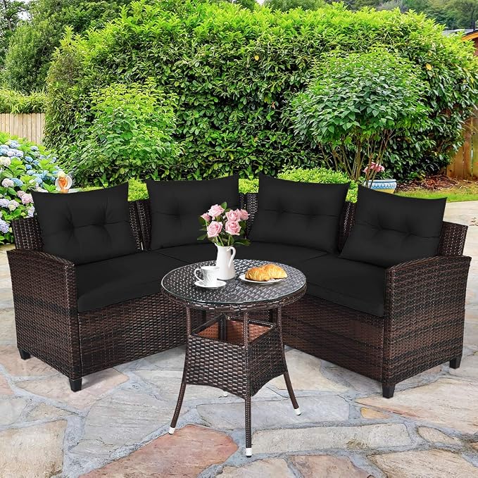 COSTWAY 4-Piece Patio Furniture Set, Wicker Rattan Sofa with Cushions and Coffee Table, Outdoor Sectional Conversation Sofa Set for Poolside Backyard Lawn Backyard (Black)