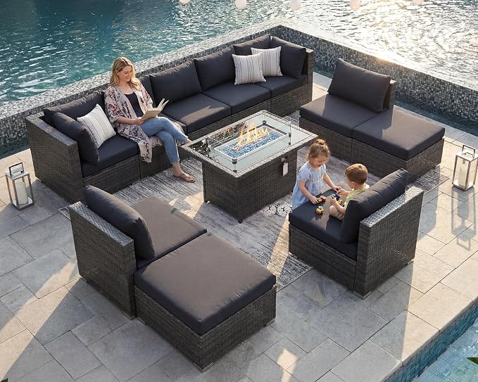 NICESOUL 11 Piece Outdoor Furniture Set with Firepit, Luxury Big 10-Person Patio Sectional, Chill 29.3'' High-Back Backyard Seating Area, All-Weather Rattan Couch Set for Outside, Deck, Dark Grey