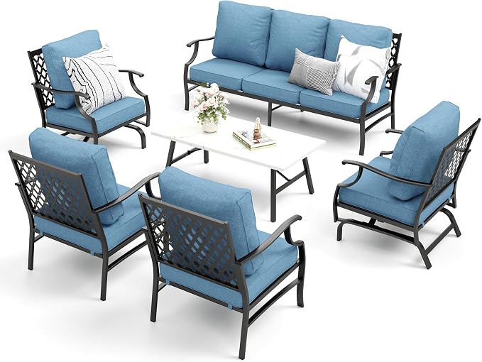 MIXPATIO Patio Furniture Set 6 pcs, Outdoor Patio Furniture, 1 X 3-Seat Sofa, 2 X Single Chairs, 2 X Rocker Chairs, 1 X Coffee Table and 5.75" Extra Thick Cushion, Patio Conversation Set,Navy Blue