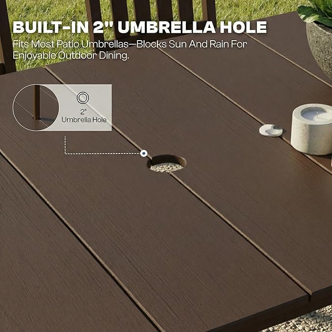 9-Piece Outdoor Dining Set for 8, 75.2" HDPE Table with Umbrella Hole & 8 Chairs, All-Weather Patio Furniture for Lawn, Yard, Deck, or Poolside, Fade & Crack Resistant (Brown)