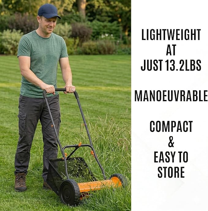 14in Push Along Lawn Mower - Lightweight 13.2 lbs - 4 Cutting Heights 0.6" to 1.6" - Rear Roller for Stripes - 14in Heavy Duty Steel Blades - 4.8 Gallon Collection Box (14 in)