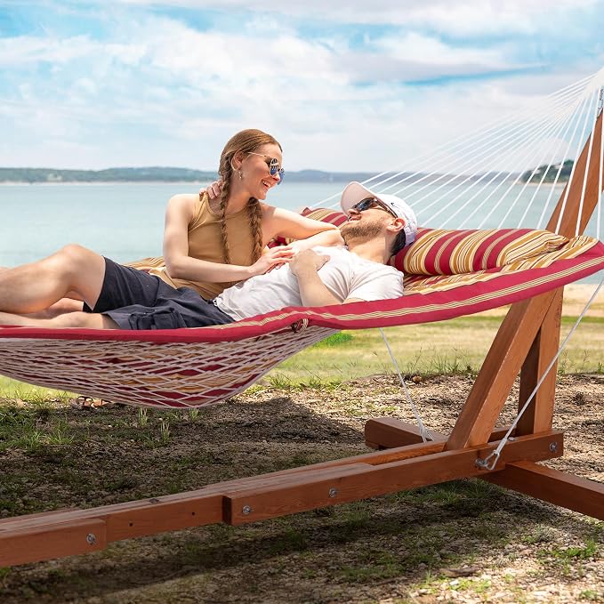 SUNCREAT Hammocks Portable Hammock with Stand, Hammock with Stand 2 Person Heavy Duty for Bedroom, Backyard, Patio, Balcony, Red Stripe