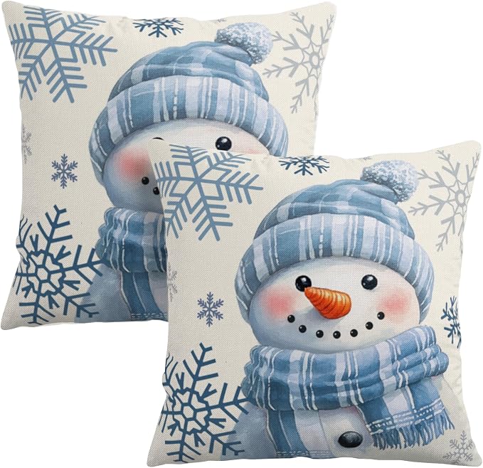 Lovely Blue Snowman Pillow Covers Winter Throw Pillow Case 16x16 Set of 2 Snowflakes Pillowcase Holiday Cushion Case for Living Room Bedroom Couch Sofa