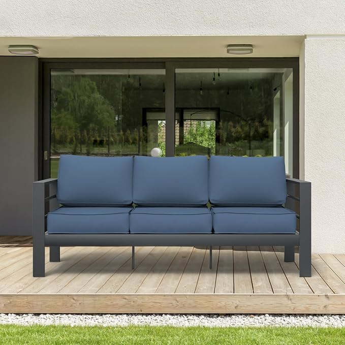 Aluminum Patio Set, 3-Seat Outdoor Furniture Set with 5 Inch Cushions, Patio Furniture Sets with Waterproof Covers for Backyard Garden(Grey&Blue)