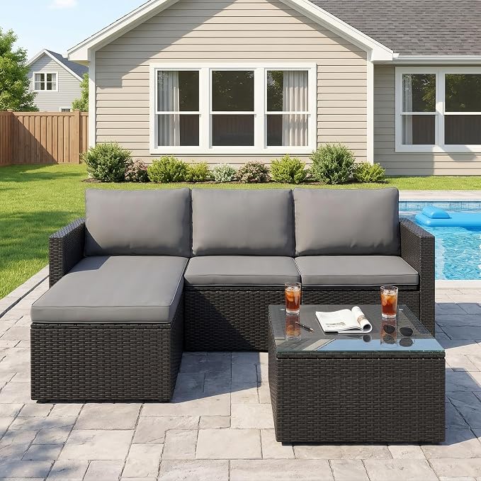 SUNLEI Patio Furniture Set with Detachable Soft Cushions, Outdoor PE Rattan Patio Conversation Sofa Set, 3-Piece Patio Sectional Sofa with Glass Coffee Table (Black Rattan&Charcoal)