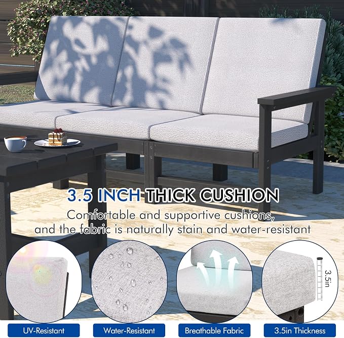 7-Piece HDPE Patio Furniture Set, All-Weather Outdoor Sectional Sofa Set w/Coffee Table+Side Table - Wood-Like Composite Conversation Couch for Deck, Lawn, Balcony - Black Frame with Cushion