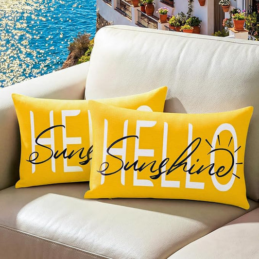 Lewondr Waterproof Outdoor Throw Pillow Cover, 12×20", Yellow | 2 Pack, Hello Sunshine Printing, Summer Garden Decor, For Patio Sofa, Balcony Couch, Bench Porch