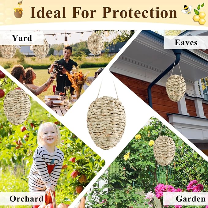 4 Pack Fake Wasp Nest Decoy, Woven Reed Wasp Hornet Decoys, Waterproof Faux Hornets Nest, Outdoor Hanging Decoration for Patio, Garden, Eaves