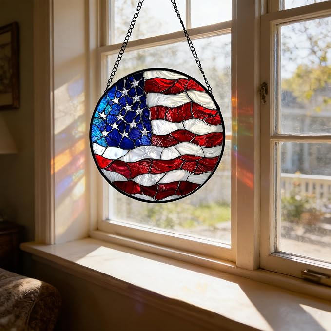 DASTOLL Stained Glass Window Hanging, Blue, White Red National Flag Pattern Sun Catchers Diamond Glass Panel Window Hangings Decor for Birthday Gifts for Women, Men, and Mom 9.8x9.8 in