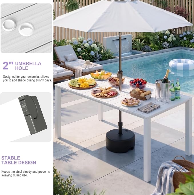 Domi HDPE Outdoor Dining Set, All-Weather 7 Piece Outdoor Dining Table Set with 2" Umbrella Hole, Outdoor Patio Dining Set for Garden, Poolside, Backyard, Deck, White