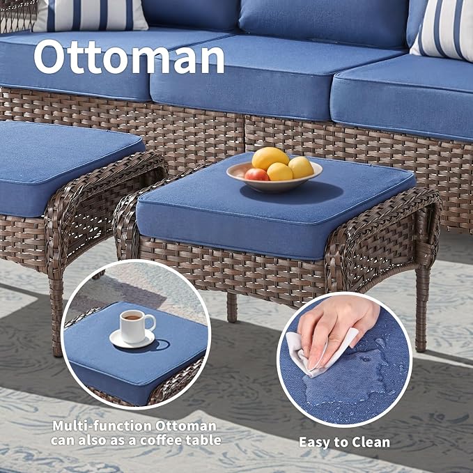 Patio Furniture Set, All Weather 3 PCS Wicker Outdoor Small Sectional Set, 5" Thick Rattan Conversation Set with 3-seat Sofa and Ottoman for Lawn, Garden, Blue/Brown Wicker