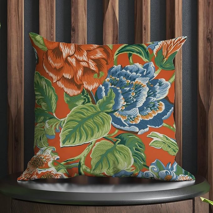 Blue Floral Chinoiserie on Orange Throw Pillow Covers Peony Chic Asian Throw Pillow Cover Abstract Throw Pillow Covers Farmhouse Decorative for Patio Garden Couch Tent 26x26 in