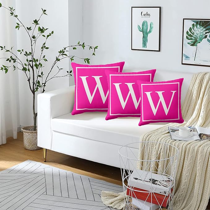 Monogram Initial Hot Pink Outdoor Pillow Covers 18 x 18inches Decorative Pillow Case for Sofa Couch Bed (Pillow Insert Not Include)