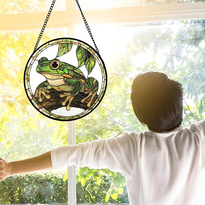 DASTOLL Stained Glass Window Hanging, Frog Green Leaf Sun Catchers Colorful Glass Panel Cool Suncatcher Decor for Birthday for Women, Men, Wife, Aunt, and Mom 9.8 in