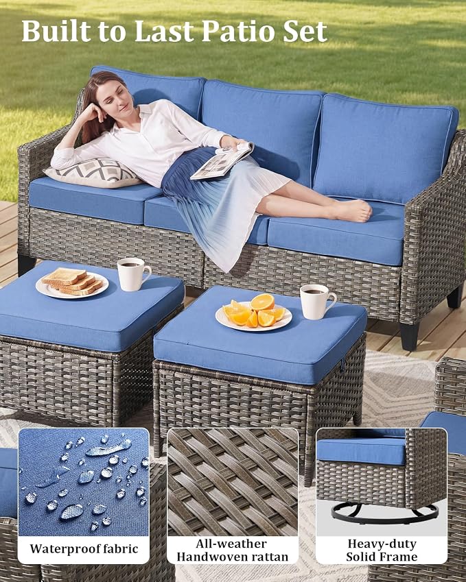 Outdoor Furniture Set of 6, Patio Chairs with Luxury 4" Cushion, Wicker Swivel Rocker Patio Chairs, and Side Table, High Back&Deep Seat for Garden Deck Porch Balcony Backyard - Blue