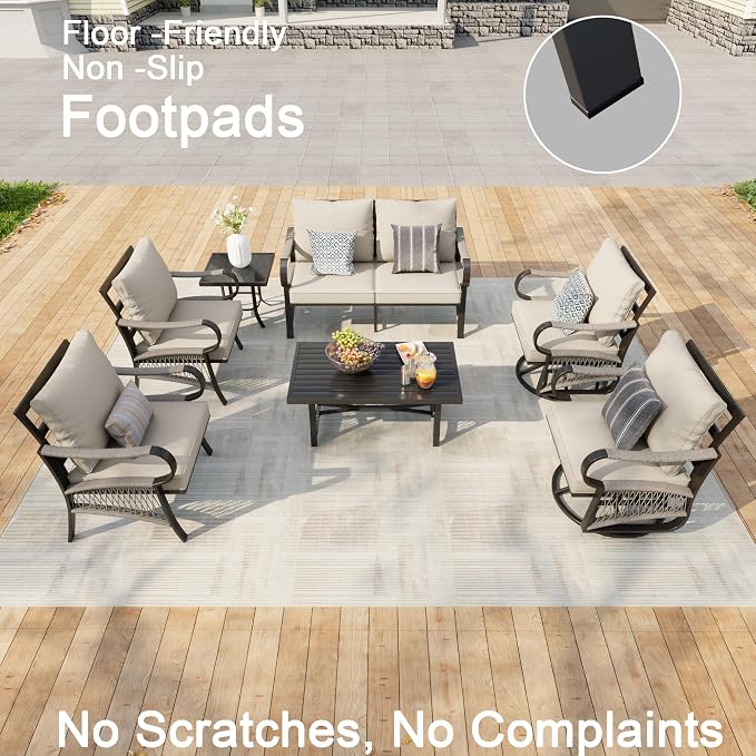 7 Pieces Outdoor Patio Conversation Sets, Outdoor Furniture Set Metal Swivel Rocking Chairs with Side Table, Loveseat Sofa Single Chairs with Coffee Table for Backyard Deck Porch Poolside, Beige