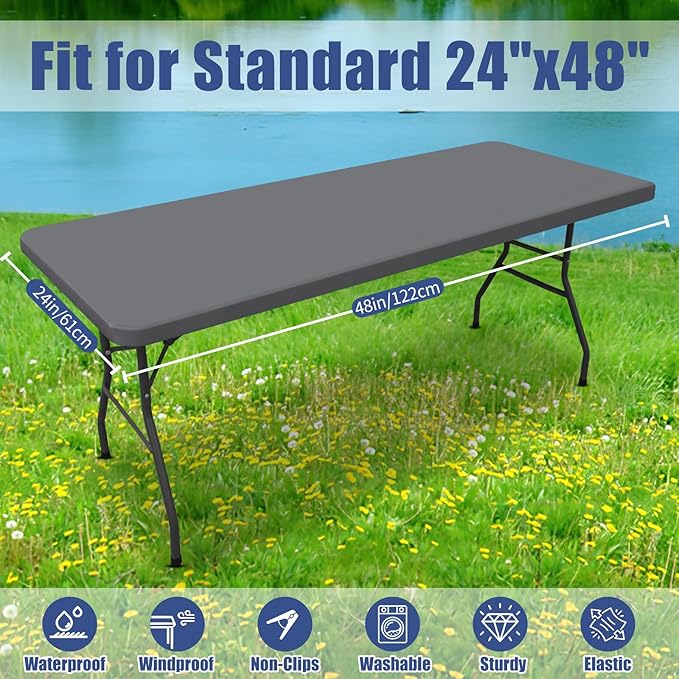 Moosfor Spandex 4 Foot Rectangle Table Cloth 2 Pack, Elastic Fitted Tablecloths for Picnic, Stretch Washable Patio Table Cover for Outdoor, Camping, Banquet and Parties (Grey, 24"x48")
