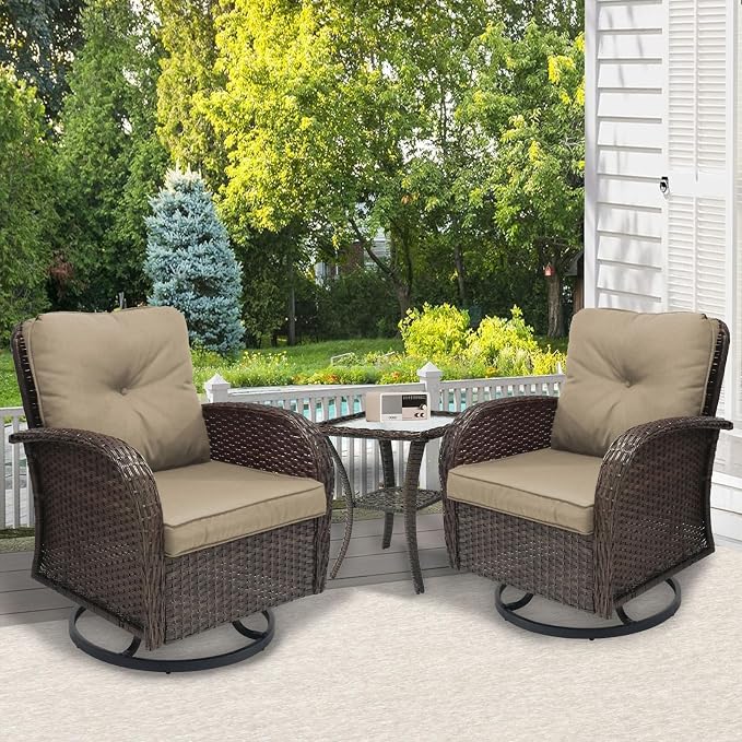 SHGJ&SOFT 3 Piece Patio Furniture Set, 2 Outdoor Swivel Rocking Chairs with Side Table, Wicker Glider Chairs, All-Weather Rattan Bistro Set for Porch, Deck, Pool (Brown, Brown Full-Weave Rattan)