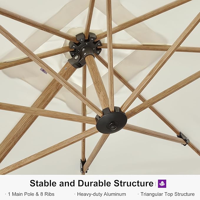 PURPLE LEAF 10FT Patio Umbrella Square Cantilever Umbrella Teak Finished Aluminum Frame Large Windproof Offset Outdoor Sun Umbrellas for Beach Pool Deck, Cream