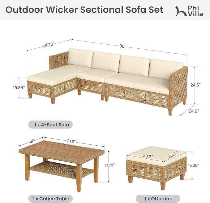 PHI VILLA Wicker Patio Furniture Set, Rattan Patio Sectional Sofa Outdoor Couch Set with Acacia Wood Coffee Table, 7 Pieces U-Shaped Patio Conversation Set for Backyard Porch, Beige Cushion